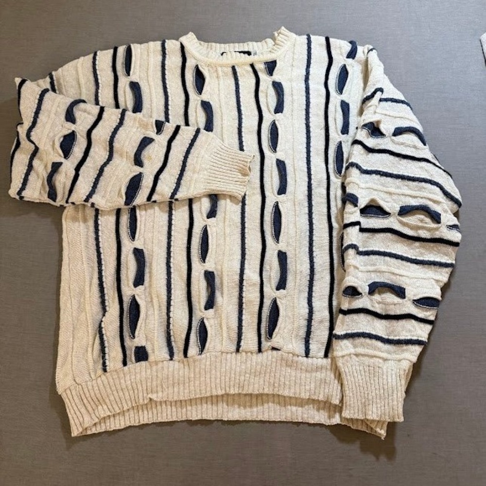 Vintage Alan Stuart 3D Knit Sweater Mens XL‎ Cream and Blue Long Sleeve USA